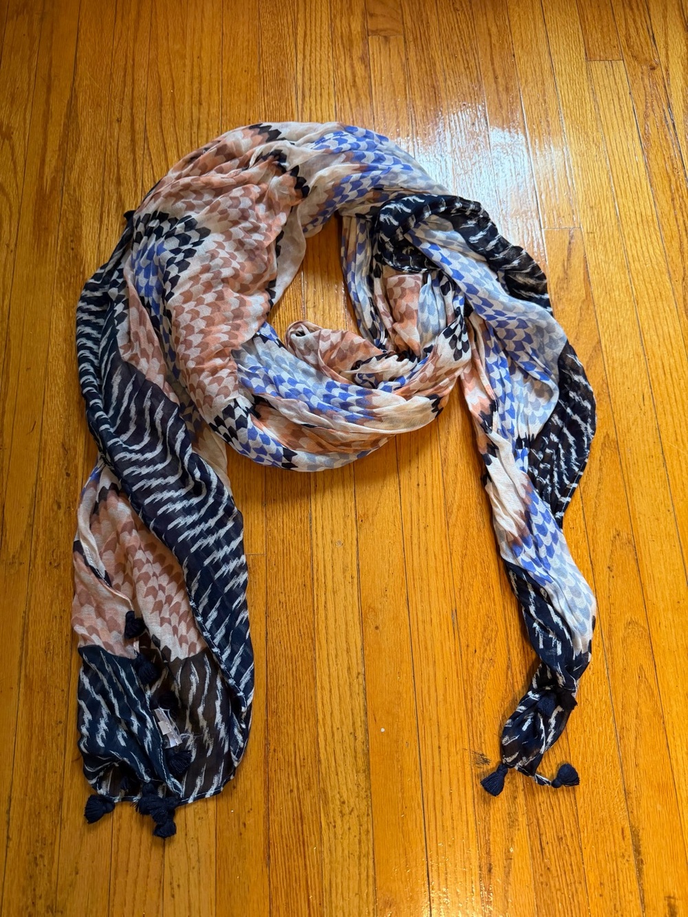 Stella & Dot Navy, Blue & Peach Patterned Scarf